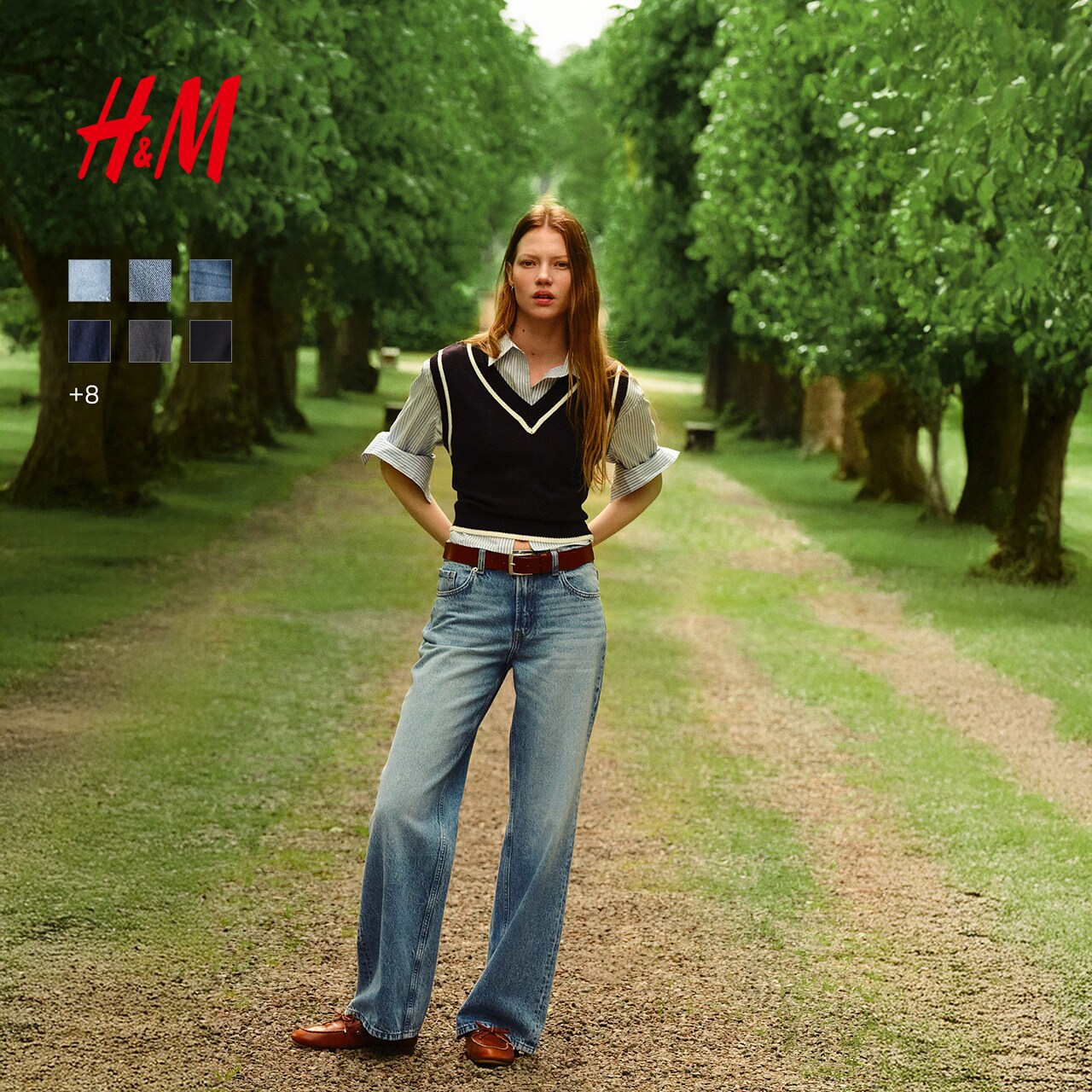 HM女装牛仔裤春季直筒复古牛仔裤直筒波嬉风水洗慵懒高腰0871889