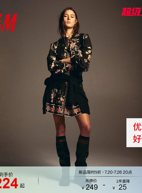 HM女装连衣裙2026夏季新款绑带收腰设计感灯笼袖花卉裙1319938