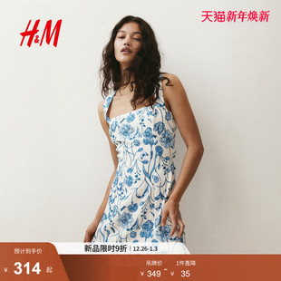 度假风背面饰蝴蝶结连身裙1282070 新款 HM女装 花卉连衣裙2025冬季