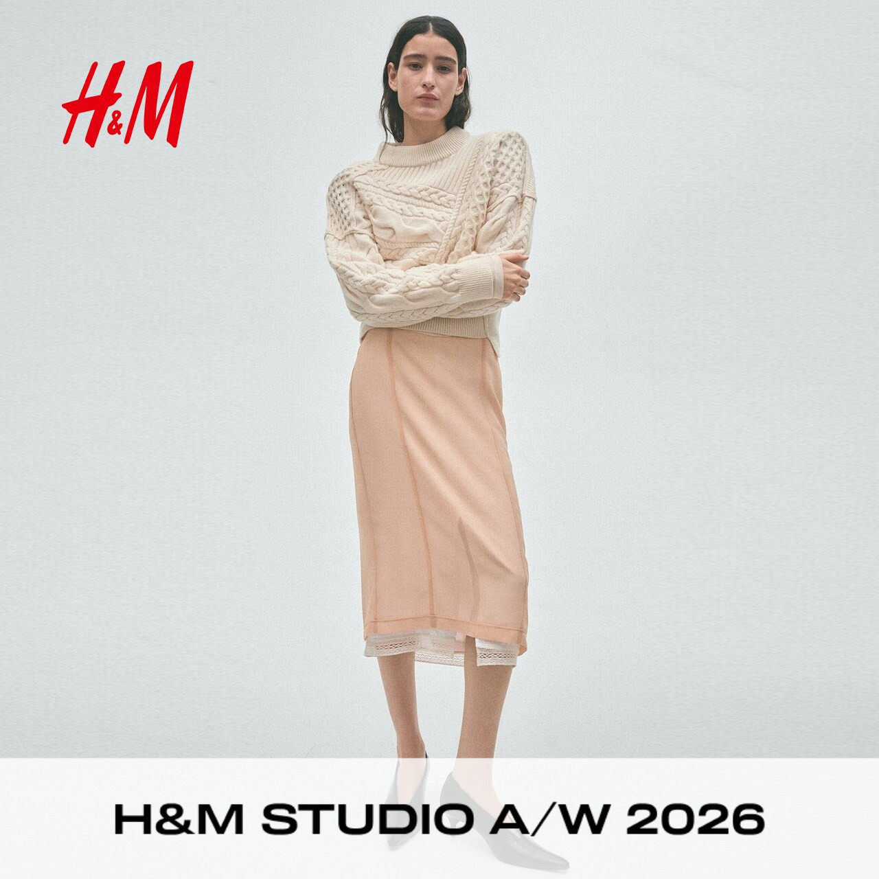 【H&M STUDIO AW】女装半身裙2026秋季新款蕾丝边及膝裙子1356517