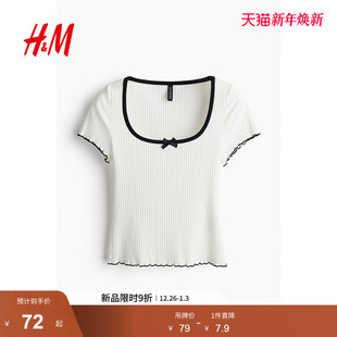 饰短袖 HM女装 罗纹低圆领蝴蝶结装 修身 上衣1252034 T恤冬季