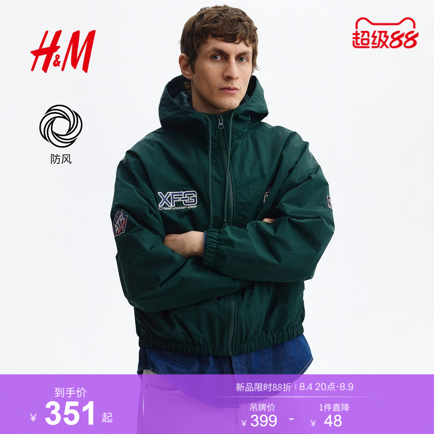 HM男装夹克新款轻量防风连帽夹克男尼龙防风外套衫1322691 - 实物图