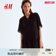 HM女装a字版型连衣裙2025夏季新款中式领棉质裙衫式连身裙1293956