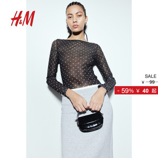 打底衫 简约内搭弹力一字领汗布长袖 1209356 T恤秋季 HM女装