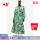 HM女装 连衣裙春季 宽松V领腰部系带绉织灯笼植物印花长裙1226566