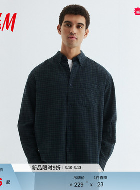 HM男装衬衫春季宽松版通勤格纹长袖内搭衬衣1296173