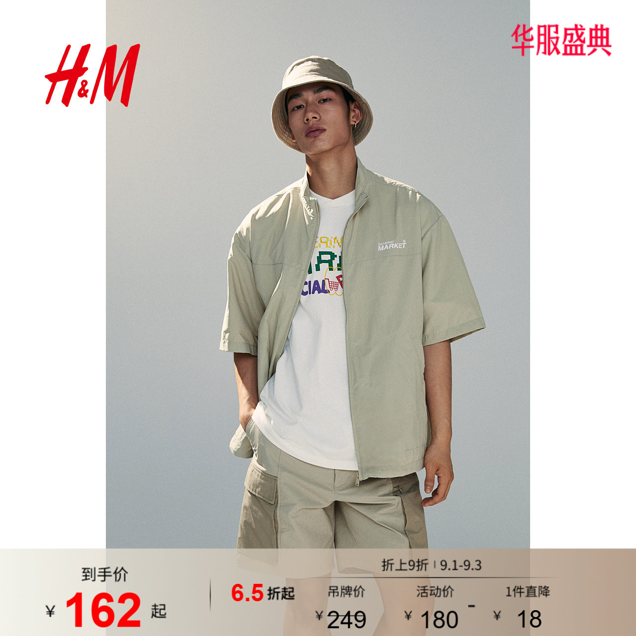 HM男装女装夹克薄款宽松版型拉链短袖尼龙外套1226615图片
