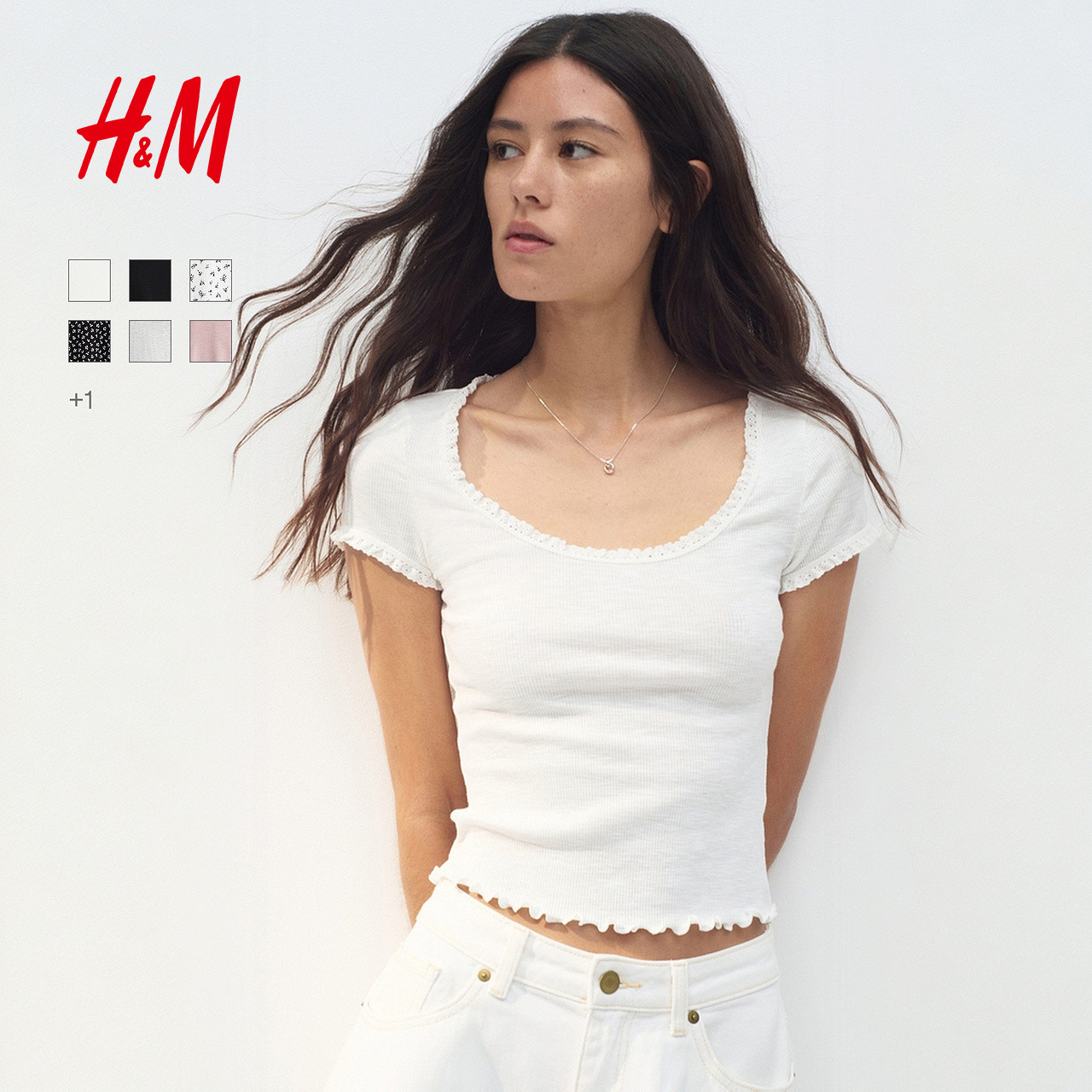 HM女装T恤夏季户外出游感穿搭法式气质蕾丝饰边短袖上衣12964