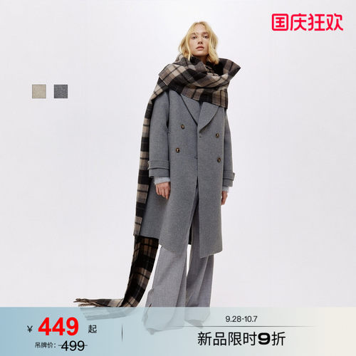 HM女装毛呢外套冬季英伦风双排扣长款纸片人大衣1300545