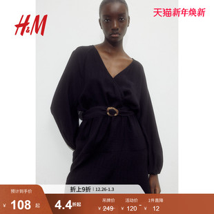 连衣裙1236518 配腰带灯笼插肩袖 HM女士连衣裙冬季 围裹式
