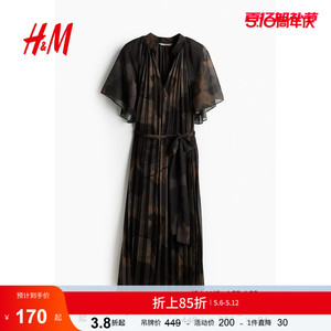 HM女装连衣裙夏季短袖中长款花卉设计V领裙子1238595