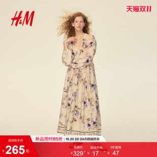 HM女装连衣裙2026秋季新款度假印花系带法式慵懒茶歇裙1348953