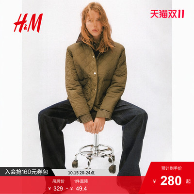 HM女装短外套2025冬季新款单排扣灯芯绒领绗缝菱格纹夹克1282393