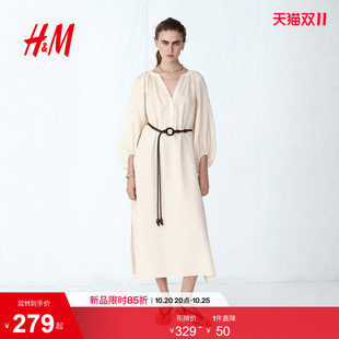 HM女装连衣裙2026秋季新款灯笼袖宫廷腰部系带优雅连衣裙1340353