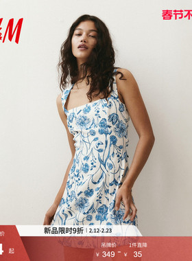 HM女装花卉连衣裙春季度假风背面饰蝴蝶结连身裙1282070