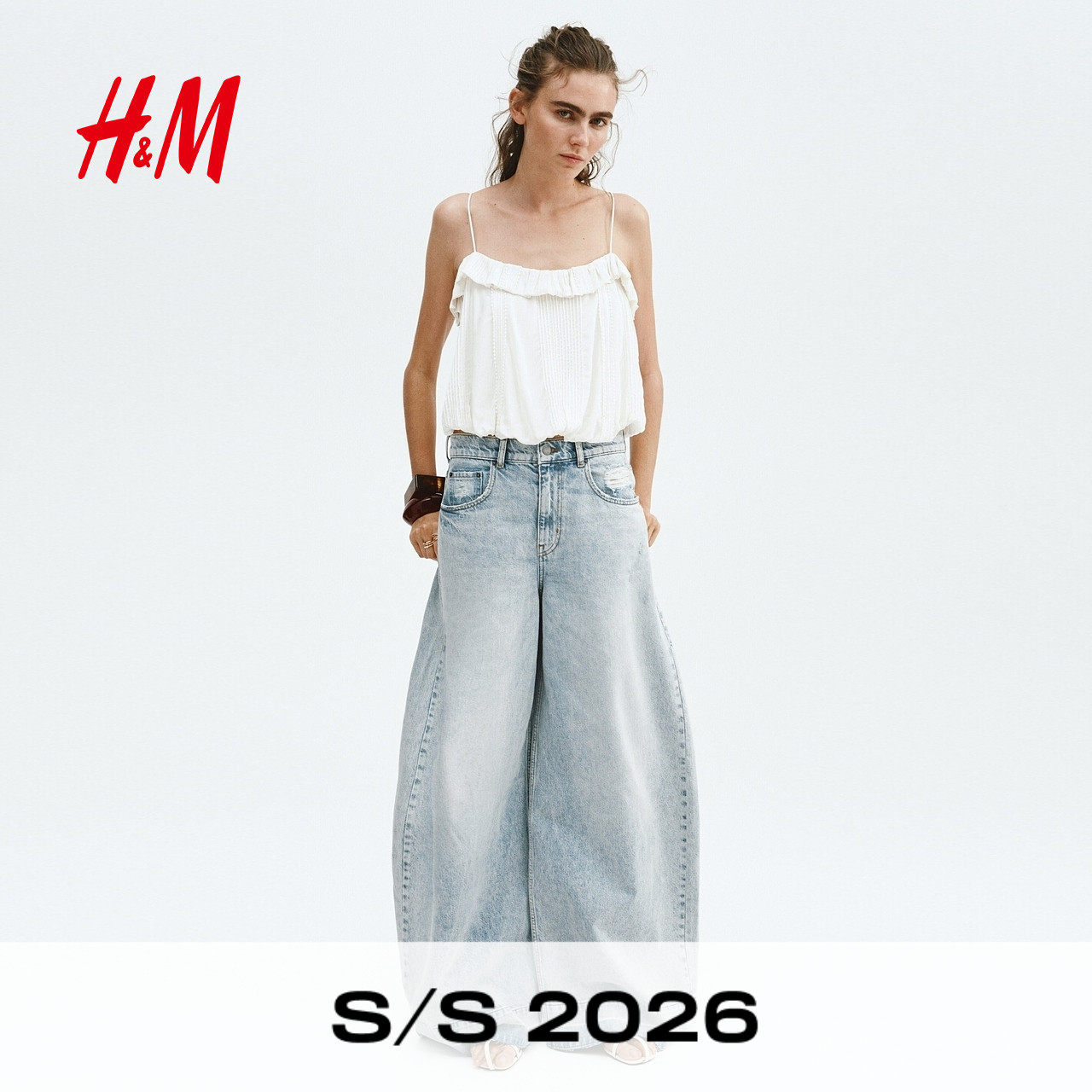 HM女装牛仔裤2026夏季新款棉质加长弯刀裤阔腿裤宽松裤子1341364