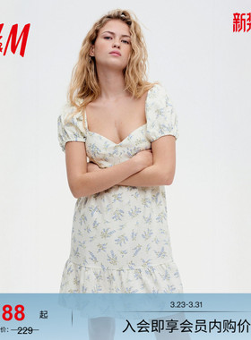 HM女装连衣裙25春季波嬉风短款泡泡袖法式设计感碎花裙1275471