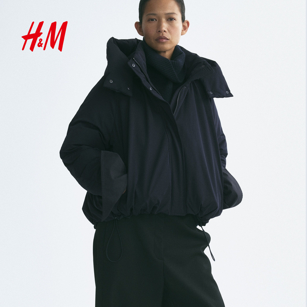 HM女装棉衣2026冬季新款连帽棉服中长款时尚气质通勤上衣1368257