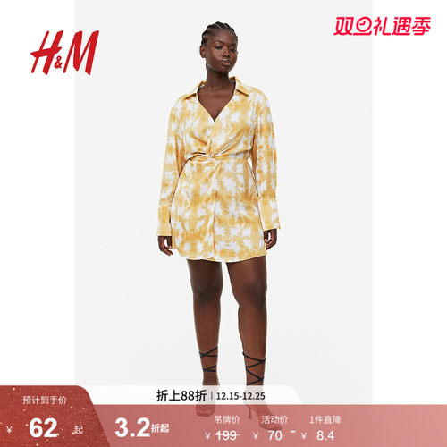 HM女装连衣裙秋季复古翻领气质长袖通勤衬衫式休闲连身裙1187810