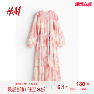 连身裙1239045 HM女装 花卉连衣裙秋季 海边度假风印花长袖 灯笼袖