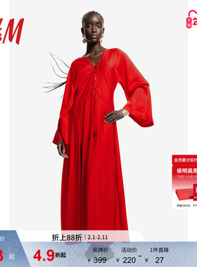 HM女装连衣裙春季红色新年V领微光泽感系带卡夫坦连衣裙1237873