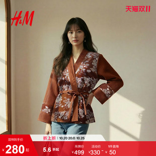 HM女装短外套新款新中式重工刺绣钉珠丝绒系带款外套1000066
