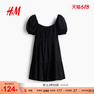 HM女装连衣裙夏季美式甜心风方领泡泡袖法式褶边连身裙1275848