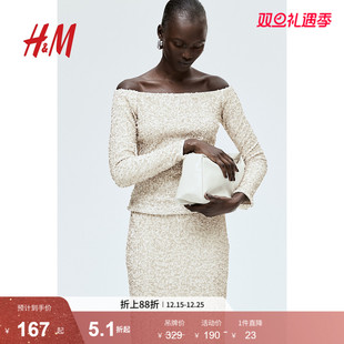 长袖 HM女装 舒适亮片丝绒露肩修身 时尚 上衣1253035 T恤冬季