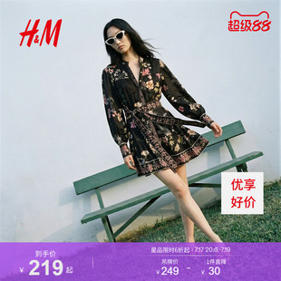HM女装连衣裙2026夏季新款腰部系带裙衫式印花短款连身裙1000158