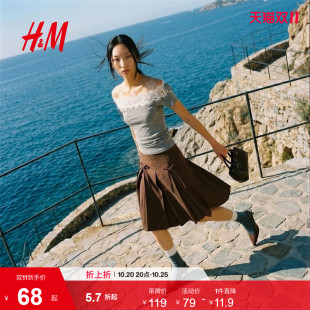 HM女装T恤时尚露肩蕾丝花边一字肩短袖内搭打底气质上衣1000167