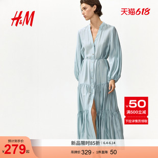 HM女装连衣裙2026夏季新款V领灯笼袖衬衫式法式及踝连身裙1332207