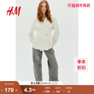 V领宽松长袖 HM女装 配腰带围裹式 冬季 气质通勤西服外套1270608 西装