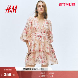 HM女装连衣裙2026春季新款气质亚麻混纺法式掐腰连衣裙1320002