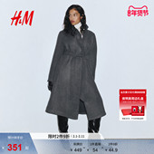 腰部系带长款 HM女装 毛呢外套冬季 格雷系毛呢大衣1283072