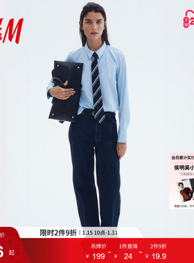 HM女装衬衫春季休闲气质垂感OL通勤翻领白色长袖上衣0932278