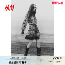 HM女装连衣裙2025秋季新款法式腰部系带花卉连衣裙长袖裙1265601