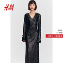 气质修身 时尚 V领亮片及踝长裙1201459 连衣裙冬季 HM女装