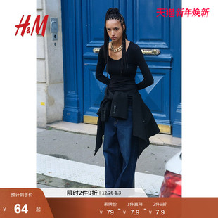 T恤2025冬季 直筒下摆长袖 新款 低圆领修身 上衣1259455 时尚 HM女装