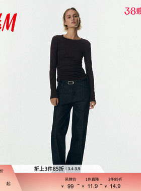 HM女装T恤2026春季新款气质内搭罗纹棉混纺上衣潮流打底衫1322592