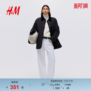 菱格绗缝翻领宽松巴恩风美式 冬新款 外套1303983 棉服冬季 HM女装