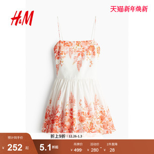 印花亚麻连衣裙1238301 女装 HM2025冬季 新款