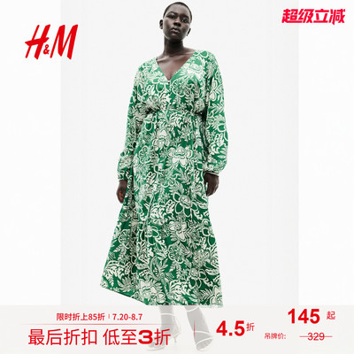 HM女装连衣裙夏季宽松V领腰部系带绉织灯笼植物印花长裙1226566