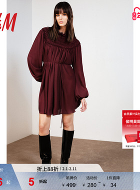 【致臻系列】HM女装红色连衣裙party小礼服法式收腰A字裙1273154