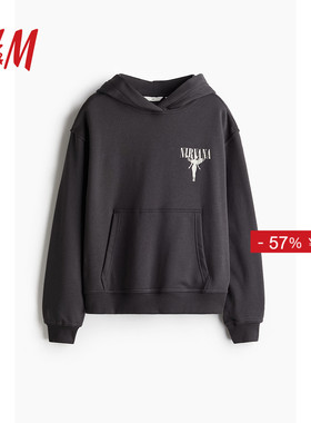 HM女装卫衣面料时尚潮流简约保暖长袖宽松美式图案连帽衫1245296