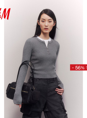 HM女装毛针织衫2025冬季新款圆领休闲上部配拉链罗纹毛衣1272124