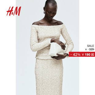 长袖 HM女装 舒适亮片丝绒露肩修身 时尚 上衣1253035 T恤冬季