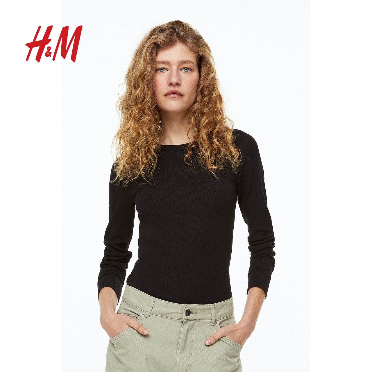 HM女装T恤冬季2023新款罗纹莫代尔混纺简约修身长袖0999727