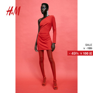 礼服裙1206463 新年战袍斜领气质单肩修身 HM女装 红色连衣裙冬季