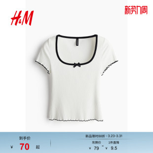 饰短袖 HM女装 罗纹低圆领蝴蝶结装 修身 上衣1252034 T恤春季