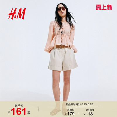 HM女装衬衫2026夏季新款领部系带时尚正面系带碎褶上衣1344102